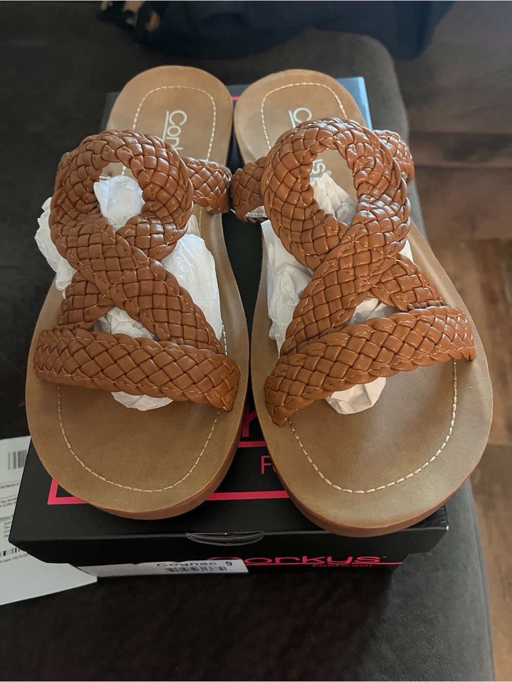 Corkys Braided Tan Leather Slide Sandals